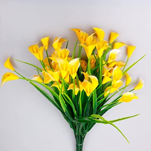 Artificial flowers,12Pcs Fake Calla Lily Flowers Plants Outdoor Decorations,UV Resistant Faux Fake Plants Plastic Spring Flower Indoor Outside Hanging Planter Home Kitchen Garden Porch Decor (Yellow)