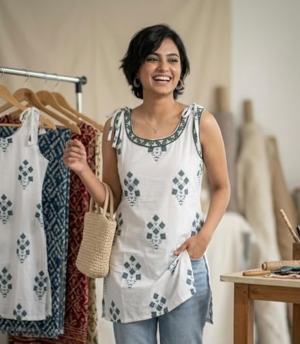 Image of Short Kurti for Women | Cotton Tops for Women | Stylish Strap Kurtis for Woman | Sleeveless Casual for Jeans | Printed Kurtas for Office Casual