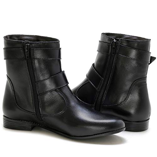 Bota Feminina Couro Cano Médio Fivela Dupla (34, Marrom)