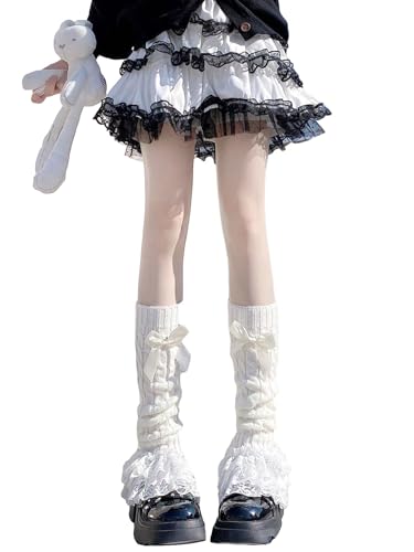 Image of RoseSeek Women's 1 Pair Y2K Bow Front Lace Trim Leg Warmers Ribbed Knit Over Knee Pile Leg Warmers Long Socks