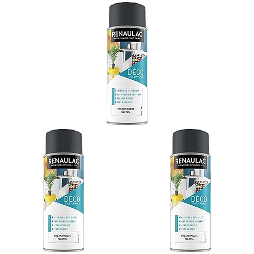 Renaulac Peinture Aérosol Déco multi-supports - Gris (Gris Anthracite) - 400 ml (Ref: C-REAERDECB-0004-0L4) - Brillant (Lot de 3)