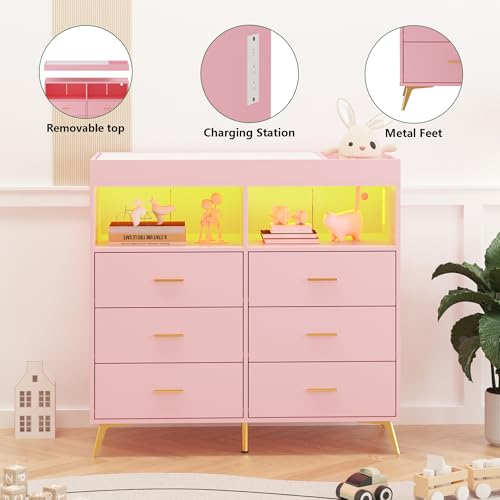 Babevy Changing Table Dresser with Drawers, Baby Dresser with Changing Table Top, Power Outlet, LED Light & Metal Feet, Diaper Changing Station Nursery Organizer for Infants Newborn, Pink - Thumbnail 7
