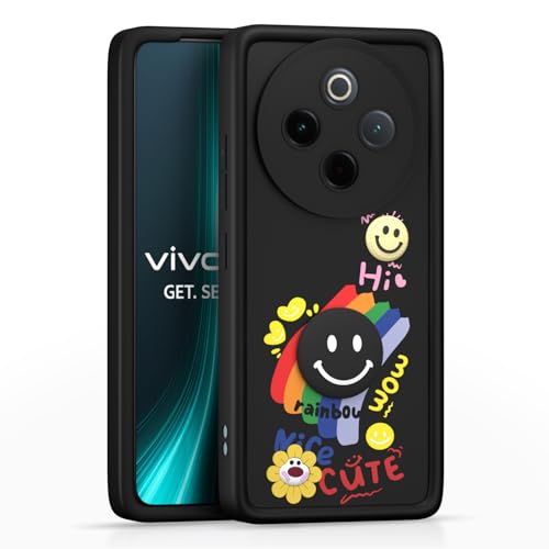 Image of Pikkme Back Cover for Vivo T4 5G / iQOO Z10 5G | Soft Silicone| Cute Rainbow Smile & 3D Cartoon Flower Design | Shockproof Raised Camera Protection Bumper Case (Black)