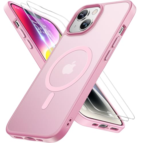 Image of Miracase for iPhone 14 Case [MagSafe Compatible] [2x 9H Tempered Glass] 12FT Military-Grade Drop Protection, Slim Translucent Matte, Anti-Fingerprint, Shockproof with Metal Buttons, Mes-Pink