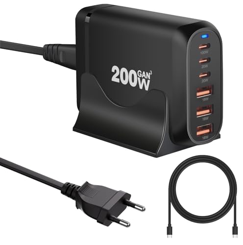 200W Cargador USB C Multiple, 6 Puertos GAN III Cargador Rapida Tipo C, Estación de Carga USB, PD+QC Adaptador de Corriente para iPhone Samsung iPad MacBook Portátil con 1,5m 100W USB C Cable - Negro