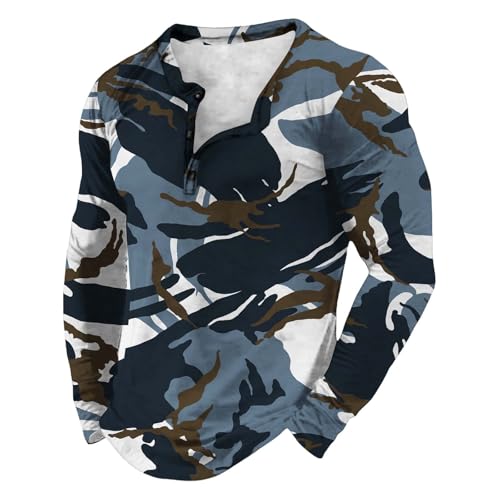 Men's Camo Henley Shirts Long Sleeve Button Crew Neck Tops Stretchy Soft Muscle Classic Track Military Training Tees