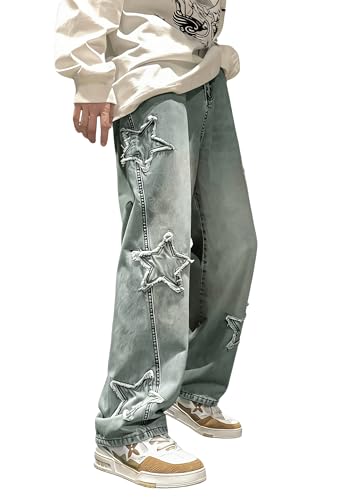 DINGJIUYAN Star Jeans for Women Girls Baggy Cute Patchwork Denim Pants Y2k High Waisted Jeans