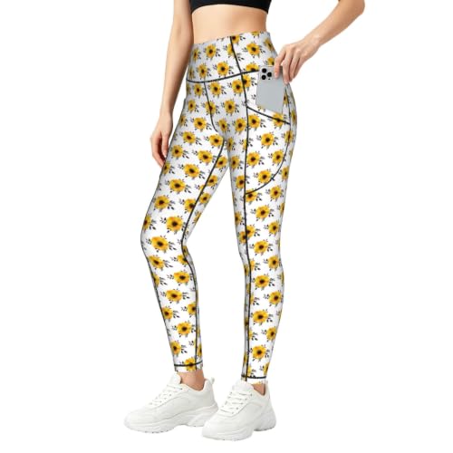 Pantalones de yoga para mujer elásticos y no se transparentan con motivos florales amarillos