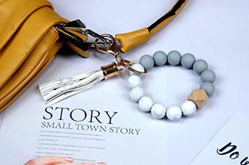 Meroqeel Silicone Beads Key Ring Keychain Bracelet Wristlet For Women, Cute Bead Car Keys Holder Chain Bangle, Stretchy Circle Beaded Keyring For Girls Small Wrist With Leather Tassel - Marble White #TOP4