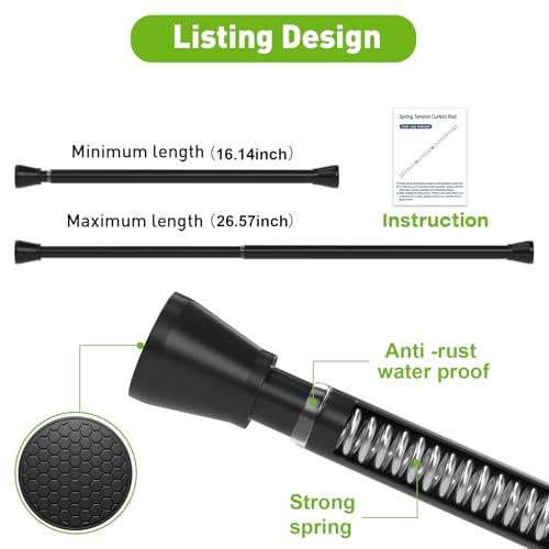 Image of Tension Curtain Rod 2 Pack Small Tension Rods 16 to 26 Inch Black Tension Rod Adjustable Curtain Rod No Drilling Spring Tension Rod Expandable Pressure Tension rods for Closet,Kitchen