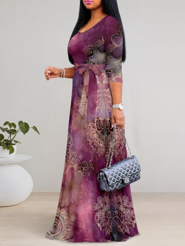Image of PinkPatty Plus Size Maxi Dress for Women Casual V Neck 3 /4 Sleeve Boho Printed Long Dress with Pockets