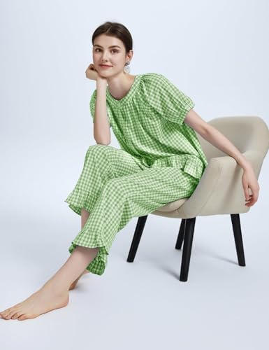 Flygo Womens Plaid 2 Piece Pajamas Sets Gingham Button Down Puff Sleeve Babydoll Shirt Ruffle Pants Y2K Pjs Lounge Set