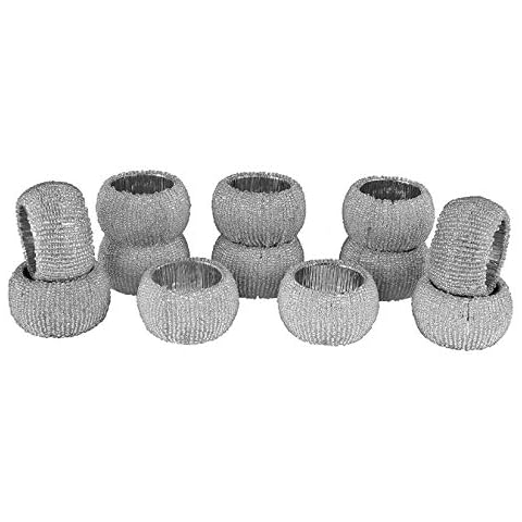 Cotton Clinic Napkin Rings Silver Set of 12 Hand Made Indian Beaded Napkin Ring Holders, Birthday, Christmas, Wedding, Any Occasion Gift Cover