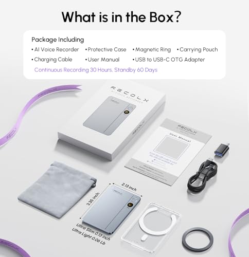 RECOLX AI Voice Recorder & Transcriber with GPT-5.2 Analysis &ndash; 30-Hour Recording, 112-Language Speech-to-Text & Auto Summary for Meetings, Lectures & Interviews, Silver Grey