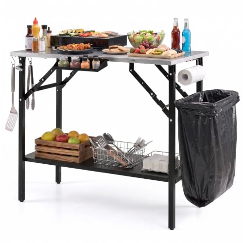 COSTWAY Grilltisch Outdoor Klappbar, Campingtisch, Klapptisch | Edelstahl, herausnehmbarer Ablage, Gewürzregal, Flaschenöffner, Müllbeutelhalter, Küchenrollenhalter, Haken, Grillen, Camping