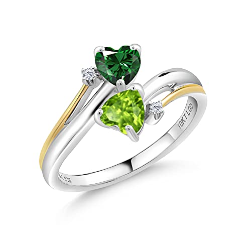 925 Sterling Silver and 10K Yellow Gold Green Nano Emerald Green Peridot and Lab Grown Diamond 2 Heart Promise Couple Women Engagement Mother Ring (1.02 Cttw, Gemstone Birthstone, Available In Size 5, 6, 7, 8, 9)