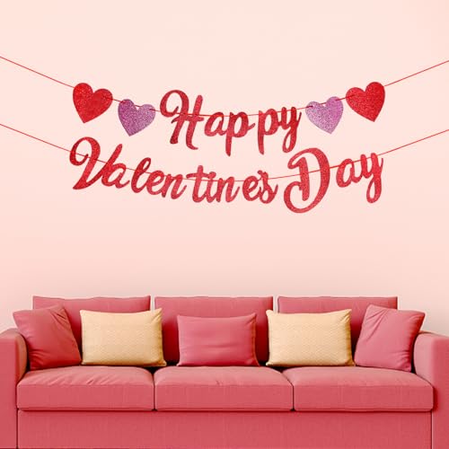 Image of Happy Valentine's Day Banner - Red Pink Glitter Valentine Banner Sign with Hearts Garland, NO DIY Required, Valentine's Day Outdoor Indoor Home Hanging Decorations
