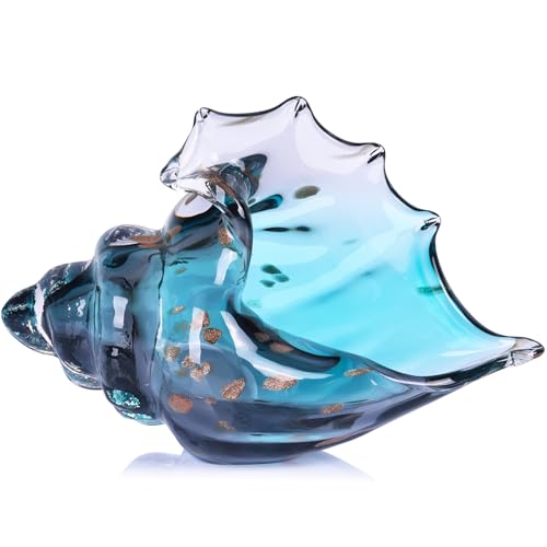 Sea Glass Art Conch Shell Figurine, Green Glass Decor