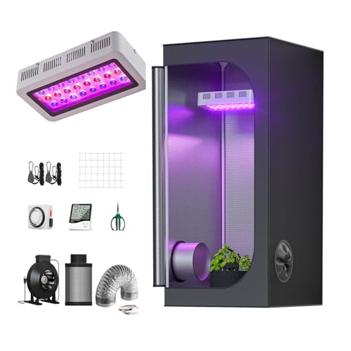 TopoGrow 2'X2' Grow Tent Complete Kit Setup 300W LED Grow Light Full-Spectrum Indoor Hydroponics 24'X24'X48' Grow Tent 4' Ventilation Kit with Hangers Hygrometer Shear Timer Trellis Netting Package