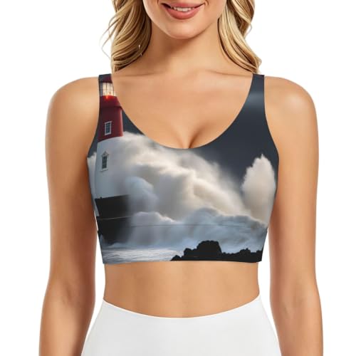 QYUHBNS Brassière de sport légère et respirante pour femme Motif phare en tempête, Noir , XXL