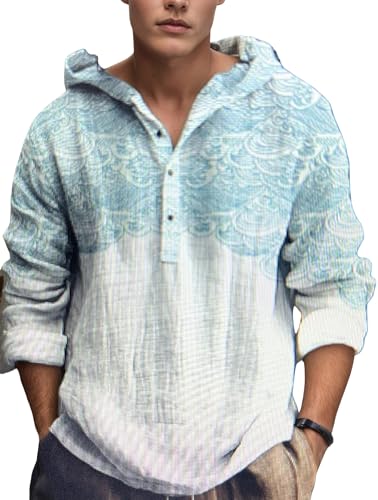 Men Vintage Boho Print Button Hoodie Shirt Fall Casual Graphic Hawaiian Beach Long Sleeve Hooded Pullover Sweatshirt