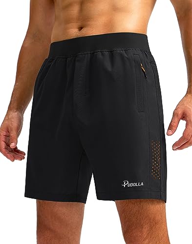 Pudolla Men's Workout Running Shorts With 3 Zipper Pockets Lightweight 7" Gym Shorts For Men Athletic Walking Hiking(Black/Orange 3X-Large) #TOP17