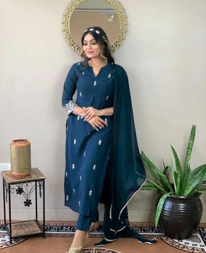 Image of Women Premium Collection Rayon Embroidered Straight Kurta Pant Dupatta Festive Ethnic Apparel Set