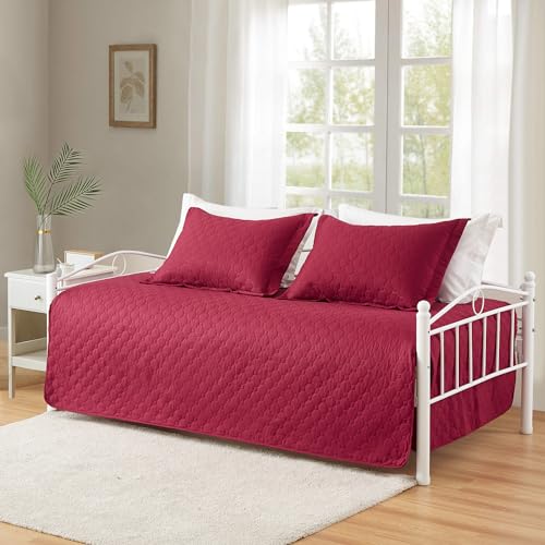Image of Hailea 3 Piece Burgundy Daybed Cover Twin Size Cozy Daybed Sets Bedding Double Sided Quilting Cover Set Geometric Print Bedspread Coverlet All Season for Twin Bed with 2 Standard Shams,39 inchx75 inch