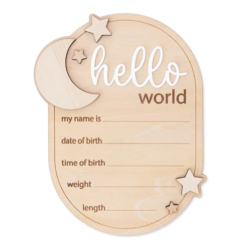 Image of TTMerriwood Baby Announcement Sign Star, 6.5 Inch Wooden Hello World Newborn Welcome Sign Birth Name Plaques for Photo Props Baby Shower Hospital Nursery new
