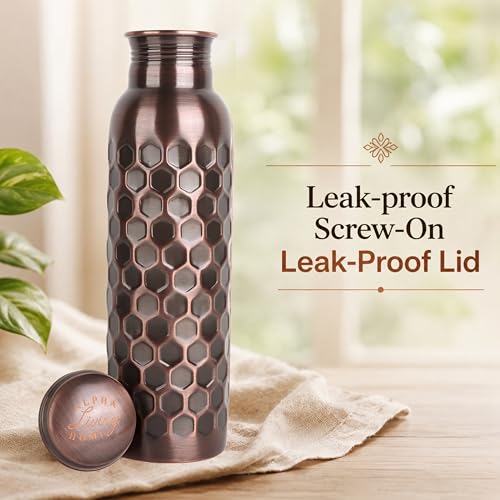 Image of Copper Water Bottle Pure, Copper Drinking Bottle Honeycomb, 32 oz Antique | 100% Pure Copper, Antique Honeycomb Cut Finish, Leak-Proof Cap, Ayurvedic use, Includes Cleaning Brush