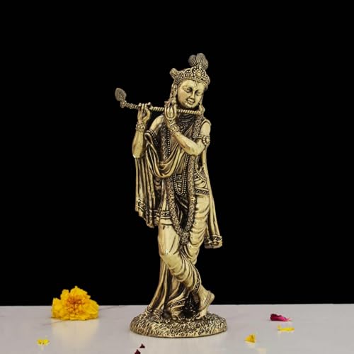Image of INDICAST Brass 6 inch Lord Krishna Statue | Handcrafted Standing Krishna Murti Hindu God Idol Figurine Perfect for Decoration Puja & Gifting Purpose Sculpture (Weight 240gm)