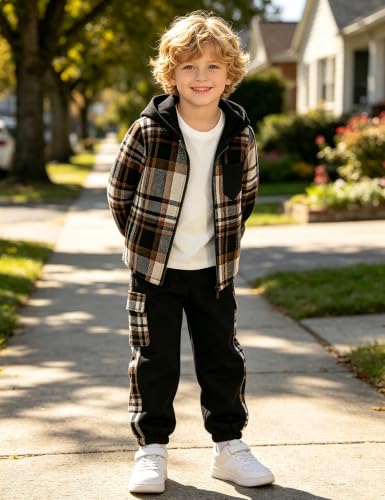 Image of Toddler Boy Clothes Plaid Hooded Shirt White T-shirt Top and Solid Color Pants 3Pcs Winter Boys Clothes