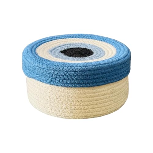 Image of Round Cotton Rope Evil Eye Storage Basket with Lid, Decorative Woven Storage Bin, Pot, Caddy, Organizer, Container for Snacks, Plants, 8x8x5 Inches Multicolor