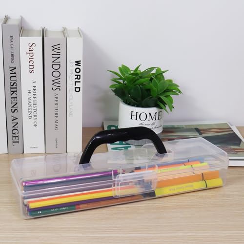 Image of Plastic Storage Container with Lid, Clear Craft Tool Art Supply Sewing Organizer Box with Handle, Small Storage Bin for Paint Brush, Pencils, Crayon, Toys, Ribbons (S 13.19 x 3.62 x 2.3 in)