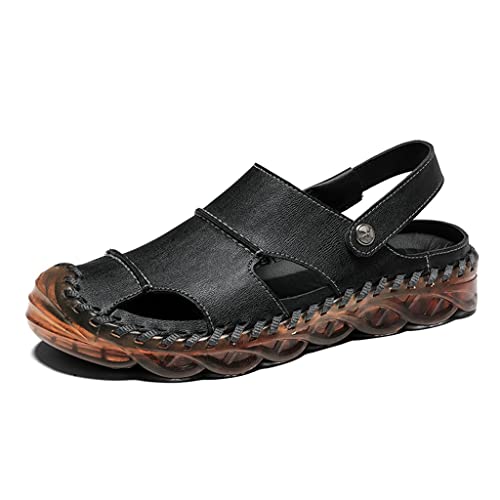 Men Casual Sandals Breathable Genuine Leather Hiking Sandals Men Handmade Outdoor Beach Shoes Non-Slip(D,41 Code)