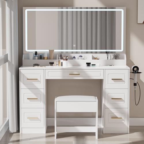 Vanity Desk with Mirror and LED Lights 43 W Makeup Vanity Desk with Power Outlet 3 Color Modes 7 Drawers Vanity Table with Chair Dressing Table for Bedroom Dressing Room