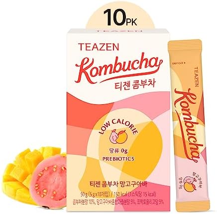 Teazen Kombucha Tea, Zero Sugar, Sparkling Fermented Powdered Mix Beverage from Korea, Live Probiotics & Prebiotics, 10 Sticks, 1.76oz (Mango Guava)