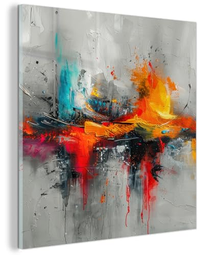MuchoWow© Tableau en Verre 30x30 cm Déco Murale Salon Décoration Chambre Peinture Murale Déco pour la Maison Art Mural Art Moderne - Orange - Gris -...