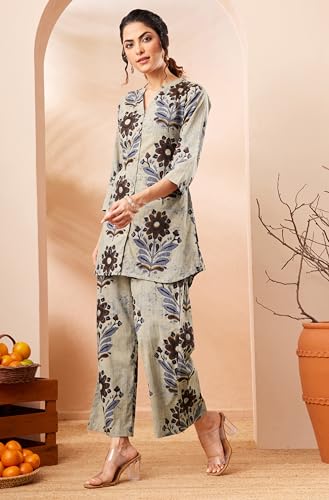 Image of Janasya Women's Multicolor Pure Cotton Floral Printed A-Line Co-Ord Set
