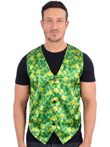 Smiffys Adult Shamrock Waistcoat, Green Satin Look Waistcoat with Lucky Clover Print, St Patrick’s Day Fancy Dress Costume Accessory for Men and Women Medium
