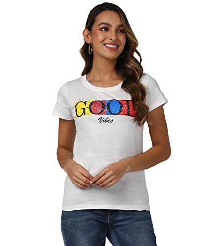 Image of UrbanMark Women 100% Cotton Round Neck Text Printed Half Sleeves T-Shirt - White