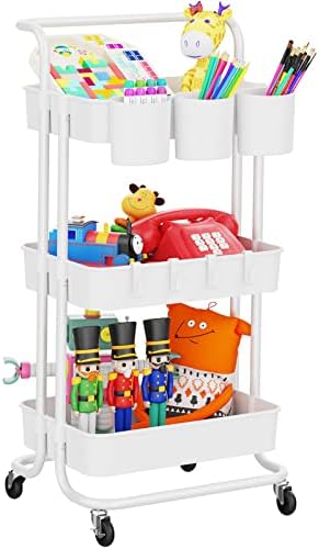 LEHOM 3-Tier Rolling Utility Cart with Hanging Cups & Hooks & Handle, Multifunctional Art Cart Organizer Storage with Wheels, Easy Assembly for Office, Bedroom, Kitchen, Bathroom, Laundry (White)
