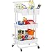 LEHOM 3-Tier Rolling Utility Cart with Hanging Cups & Hooks & Handle, Plastic Art Cart Organizer Storage with Wheels, Easy Assembly for Office, Bedroom, Kitchen, Bathroom, Laundry (White)