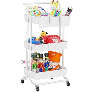 LEHOM 3-Tier Rolling Utility Cart with Hanging Cups & Hooks & Handle, Plastic Art Cart Organizer Storage with Wheels, Easy Assembly for Office, Bedroom, Kitchen, Bathroom, Laundry (White) LEHOM 3 Tier Rolling Utility Cart with Hanging Cups Hooks Handle Plastic Art Cart Organizer Storage with Wheels Easy Assembly for Office Bedroom Kitchen Bathroom Laundry White