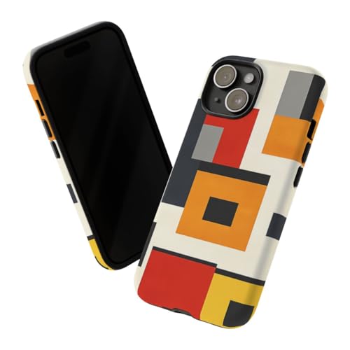 Coque rigide mate iPhone 15 noire à blocs de couleurs géométriques