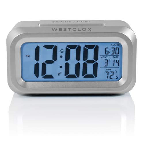 Image of Westclox Alarm Clock with Large Digital Display and Blue Backlight on Demand, Westclox Alarm Clock, Month /Date and Temperature Display with Ascending 5 Minute Snooze Alarm, Silver