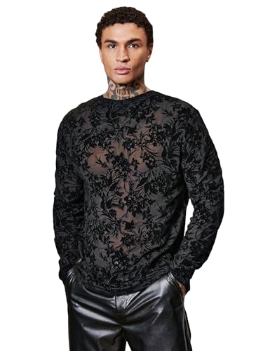 WDIRARA Men's Floral Lace Mesh Party Tee See Through Round Neck Long Sleeve T-Shirt Tops