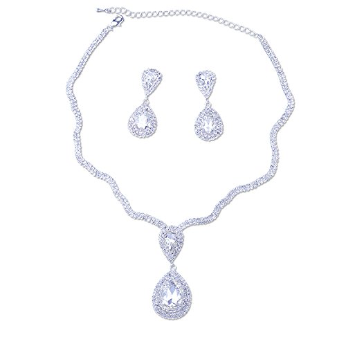 Topwholesalejewel Teardrop Necklace Earrings Set Silver Crystal Necklace Earring Jewelry Set