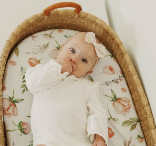 Nodnal Co. 3 Fitted Bassinet Sheets Set For Baby Girl - 100% Oeko-Tex Cotton Peonies & Roses - Pink Floral Boho Flowers - Cradle/Moses Basket, Hourglass, Oval, Rectangle Mattress Nursery Bedding Sheet #TOP1