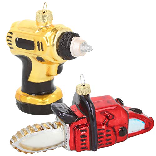 ® 2X Christbaumanhänger Kettensäge und Bohrer aus Glas in bunten Farben, Christbaumschmuck für die Weihnachtsbaum-Dekoration (Säge+Bohrer - 2